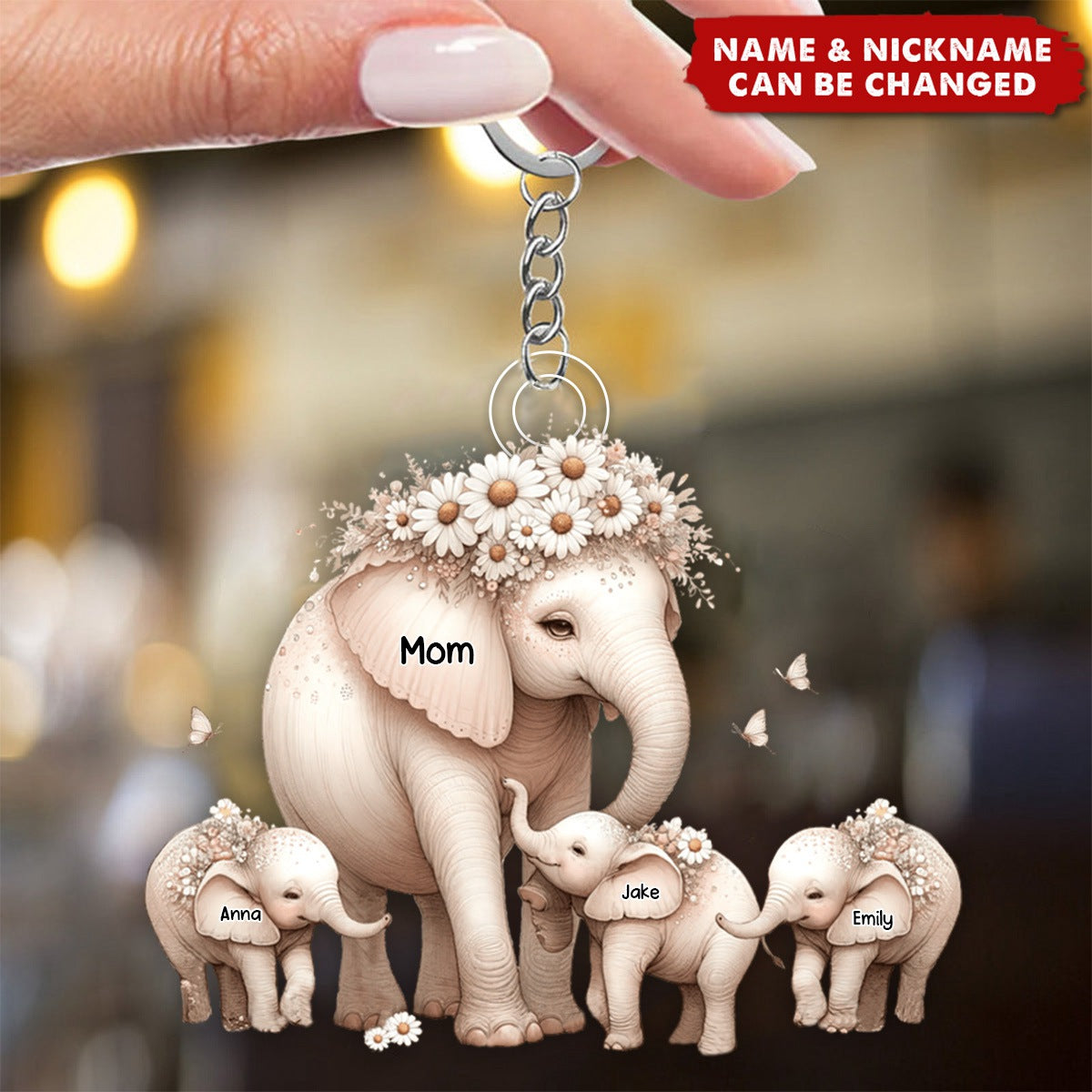 Mama Elephant With Little Kids Personalized Keychain