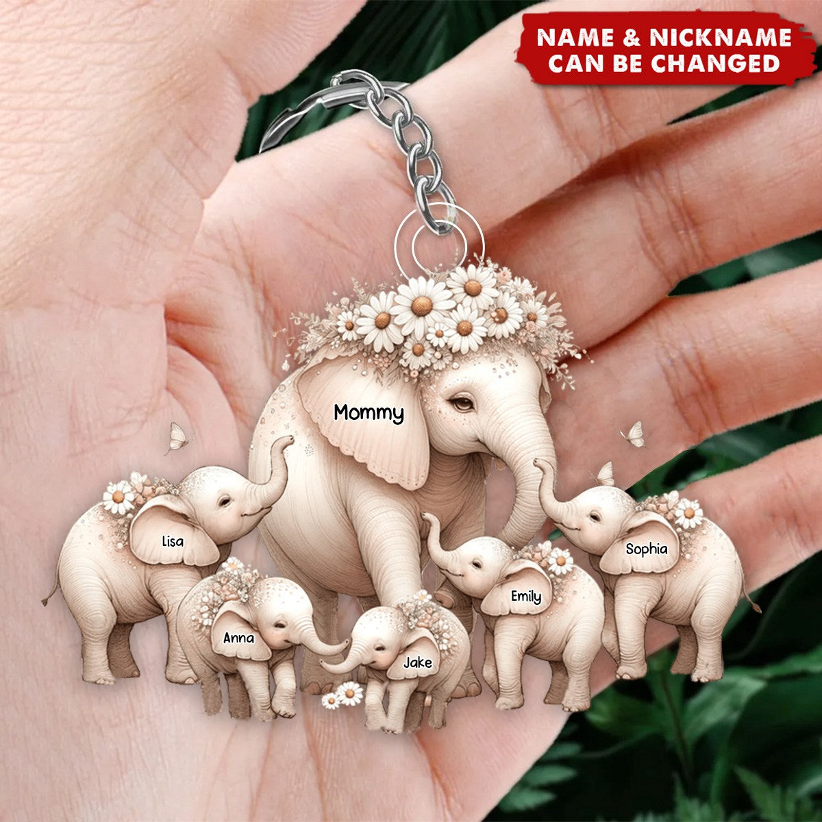 Mama Elephant With Little Kids Personalized Keychain