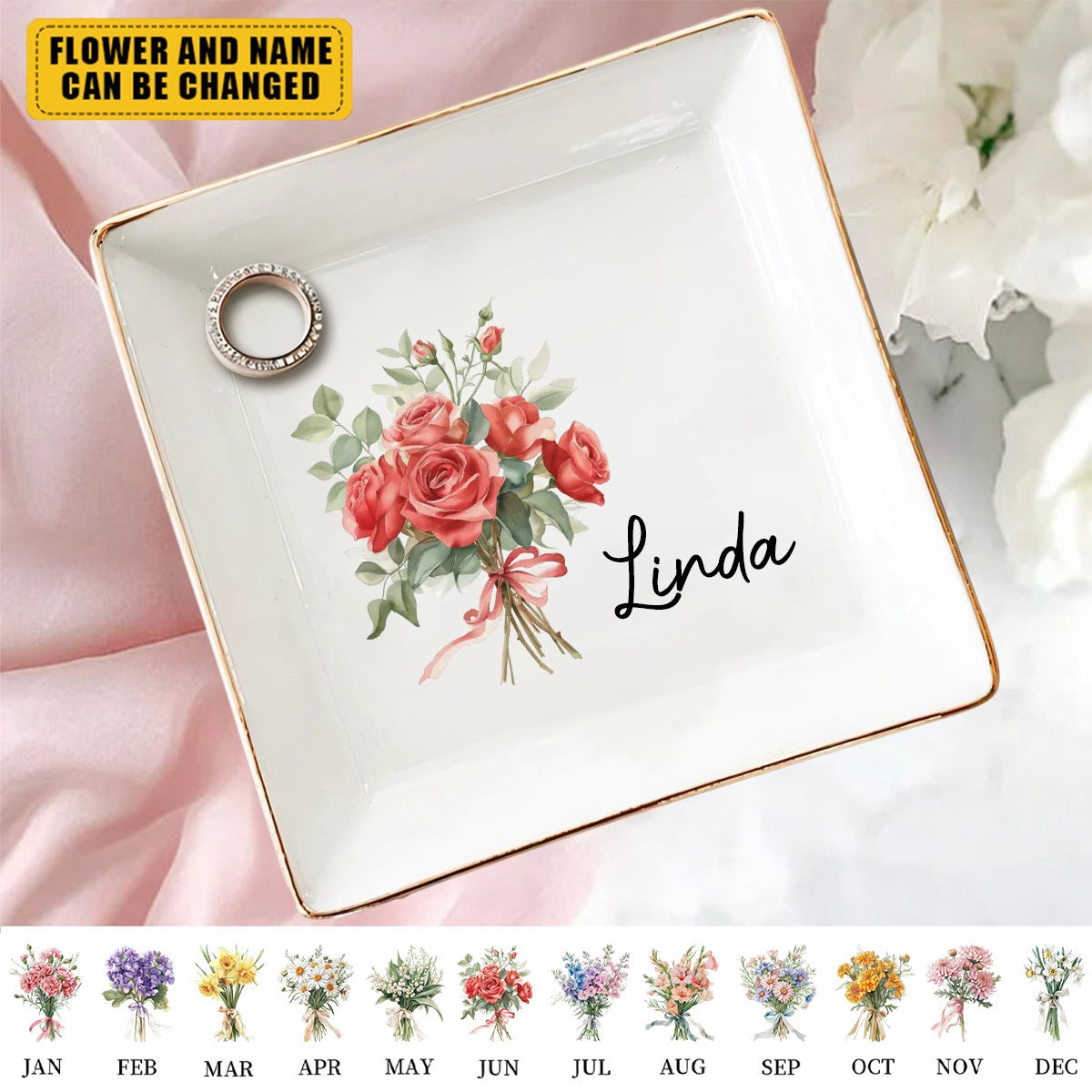 Birth Month Flower - Bestie Personalized Custom Jewelry Dish