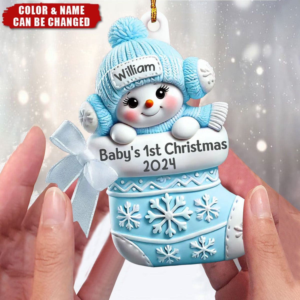 3D Effect Snowbaby On Stocking Baby's 1st Christmas Keepsake Personalized Ornament