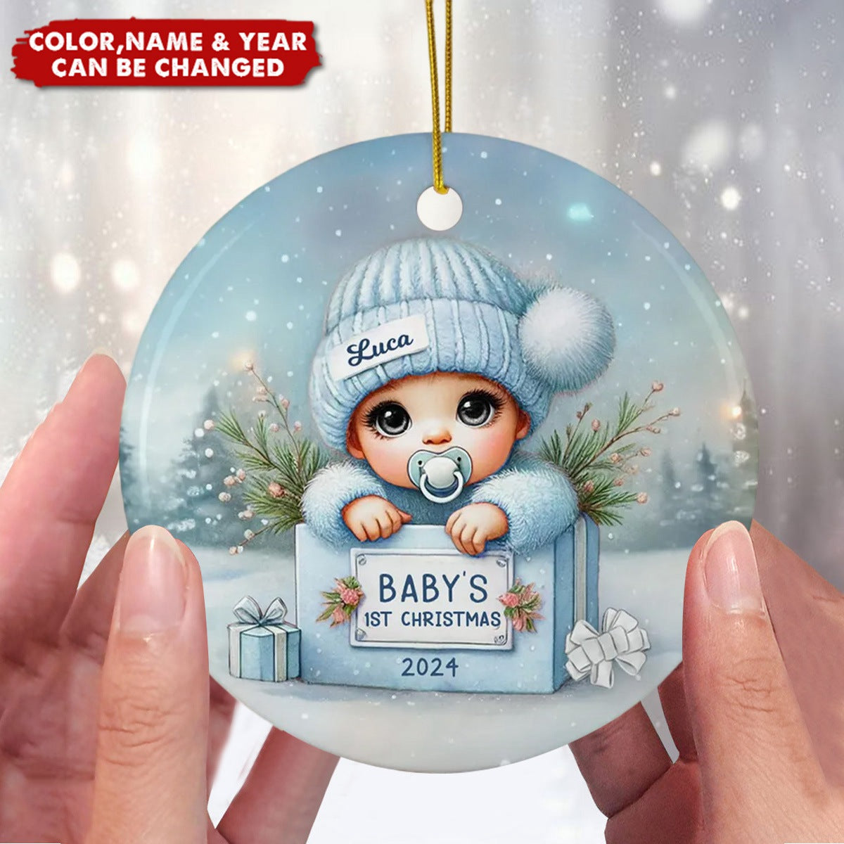 Watercolor Baby Inside Gift Box Personalized Ceramic Ornament