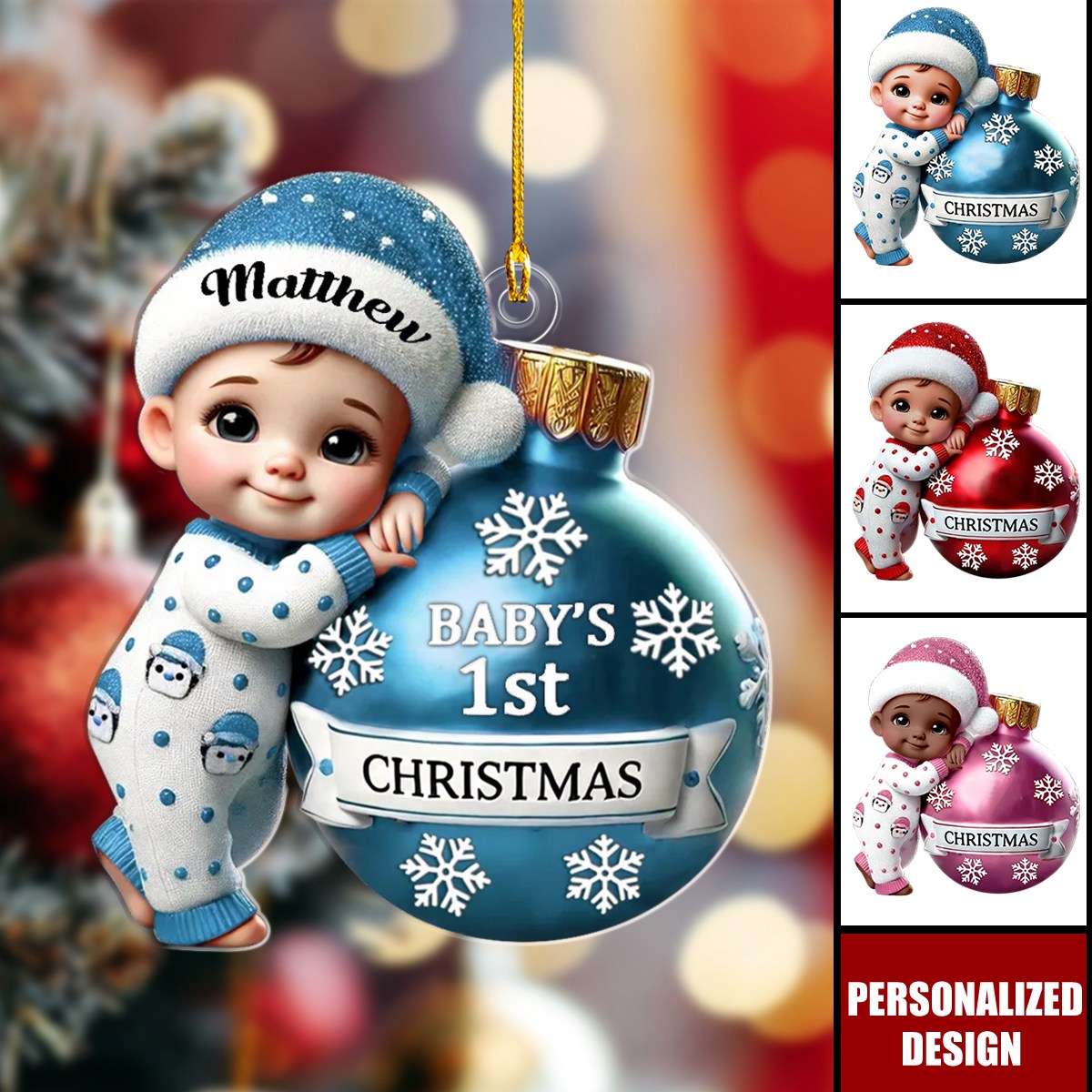 Baby Holding Bauble First Christmas Personalized Acrylic Ornament