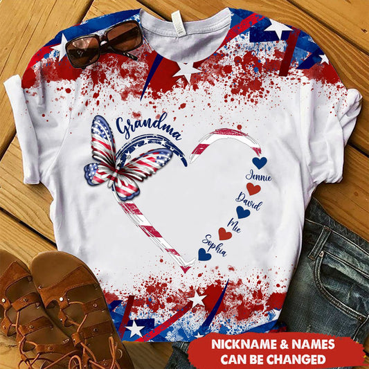 Heart Kids Butterfly Grandma 4th of July Personalized 3D T-shirt