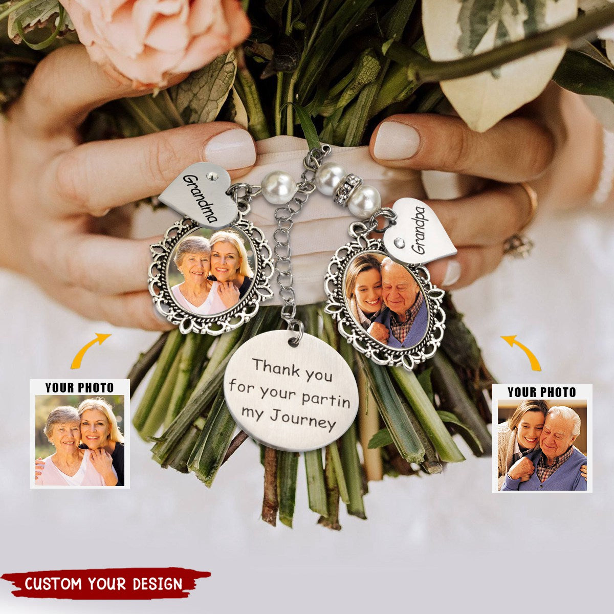 Personalized Wedding Bouquet Lacy Oval Charm With Photo and Heart Shaped Pendant