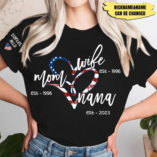 Wife Mom Gigi Est Year And Grandkids Usa Flag Heart Personalized Shirt