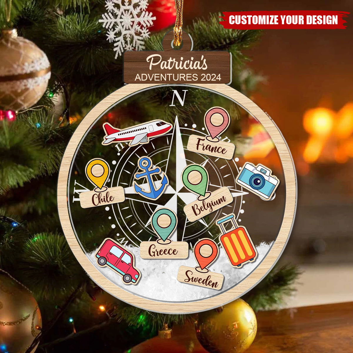 Personalized Compass Travel Adventures Ornament, Travel Christmas Ornament