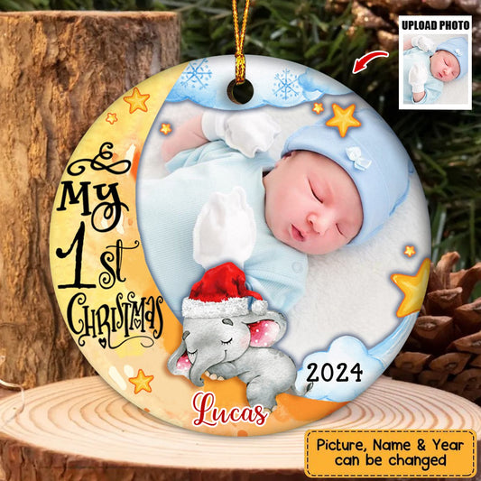 My First Christmas Elephant - Personalized Photo Ceramic Ornament