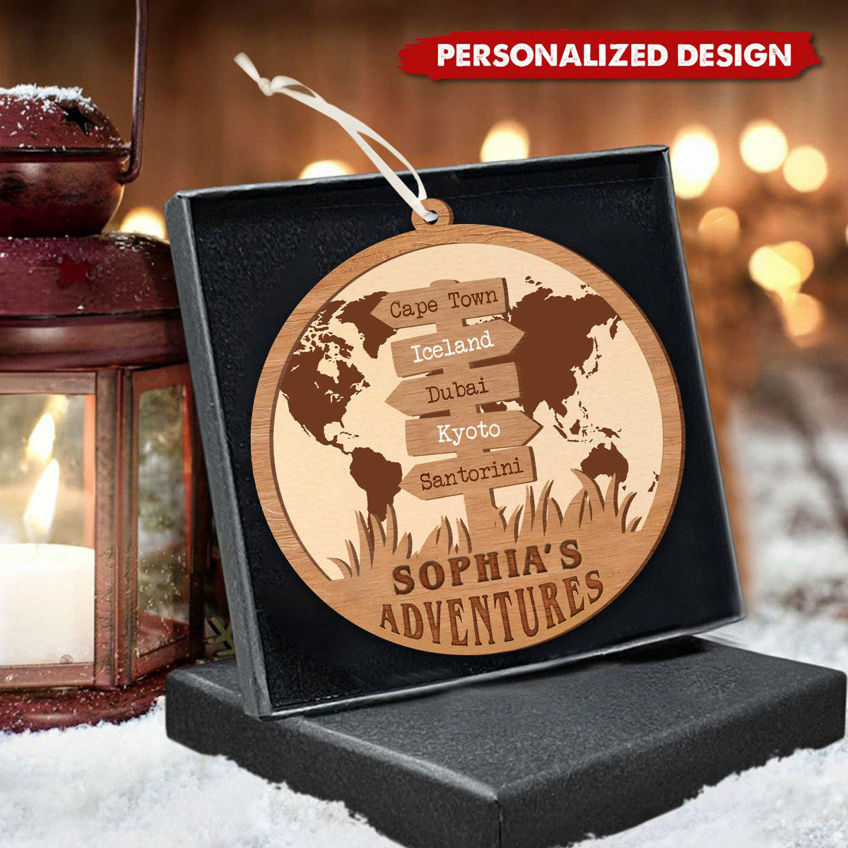 Personalized Travel Adventures 2 Layer Wood Ornament, Gift For Travel Lovers