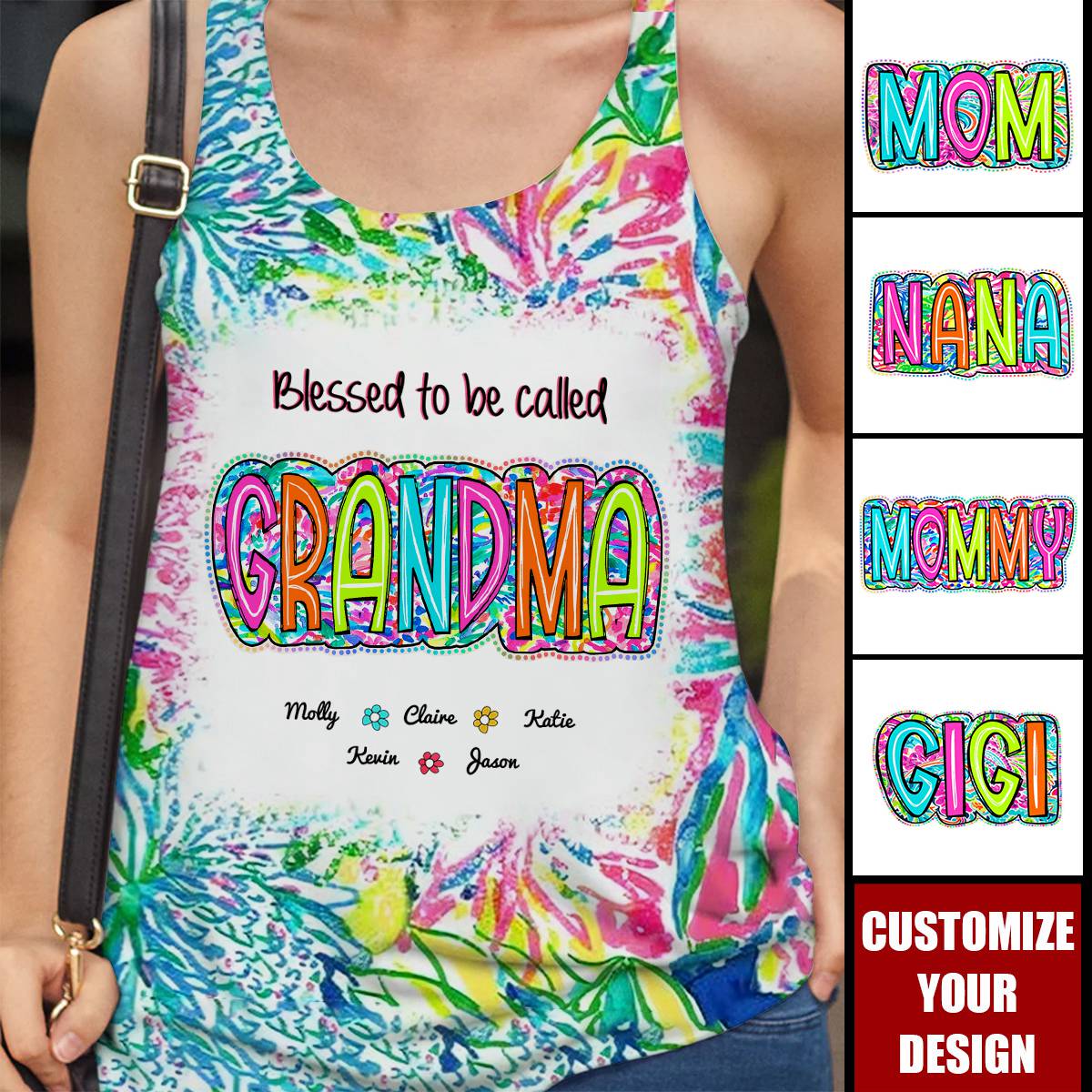 Grandma Mom Scribble Doodle Personalized 3D Racer Back Tank Top