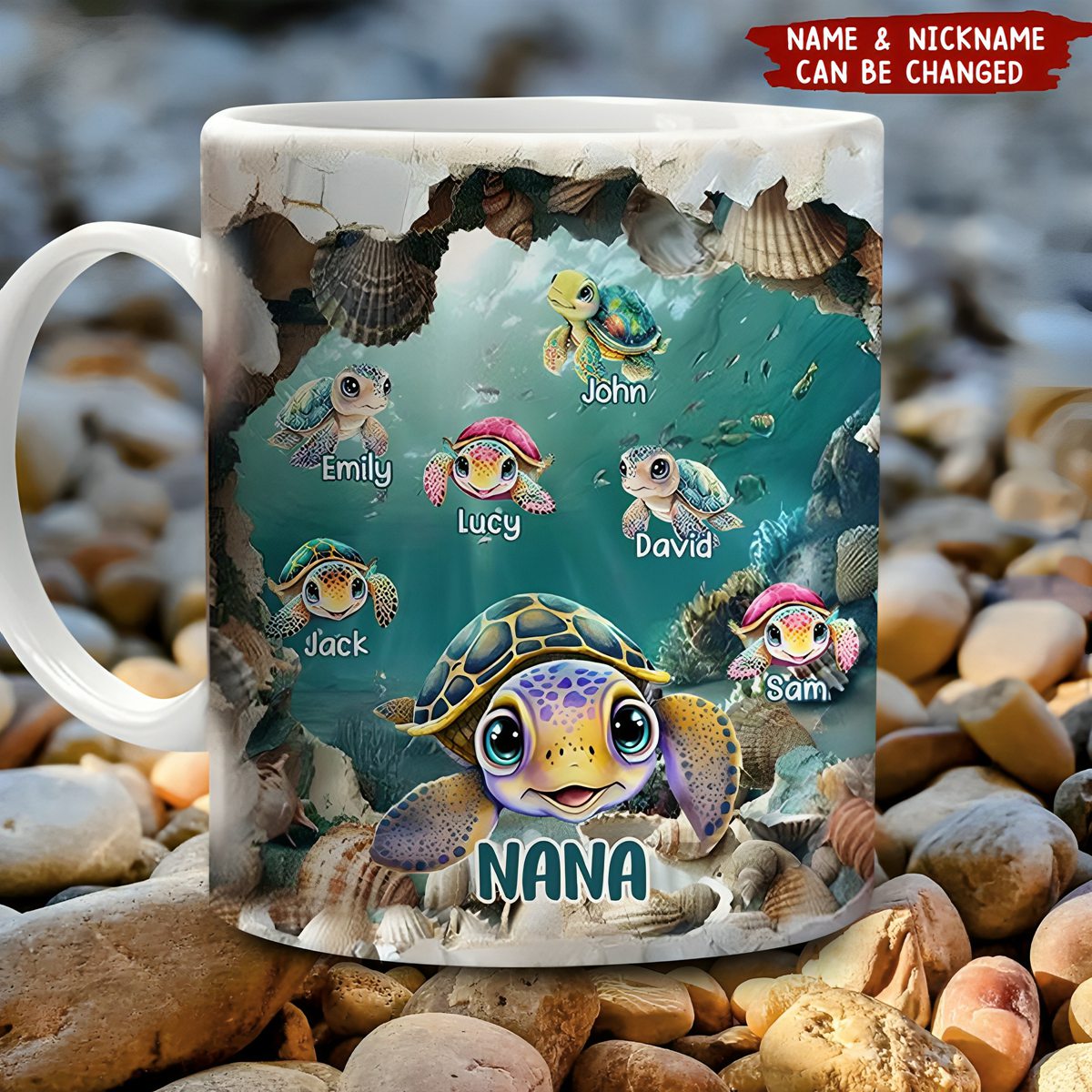 Personalized Sea Turtle Grandma Auntie Mom Kids Hole In A Wall Personalized Mug