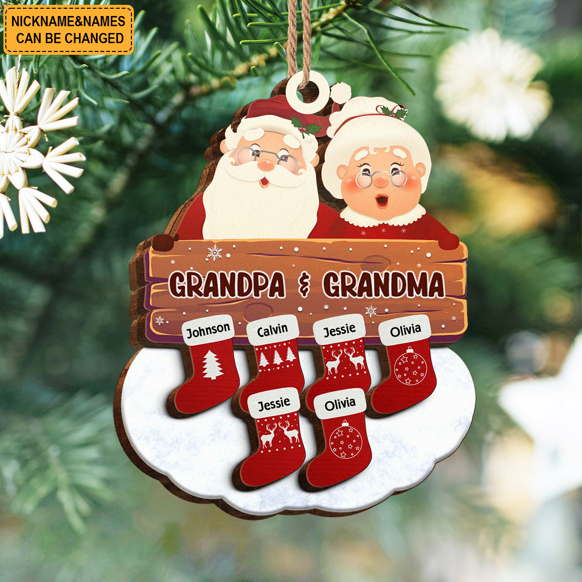 Gifts For Family Santa Grandpa & Grandma - Personalized Wooden Ornaments