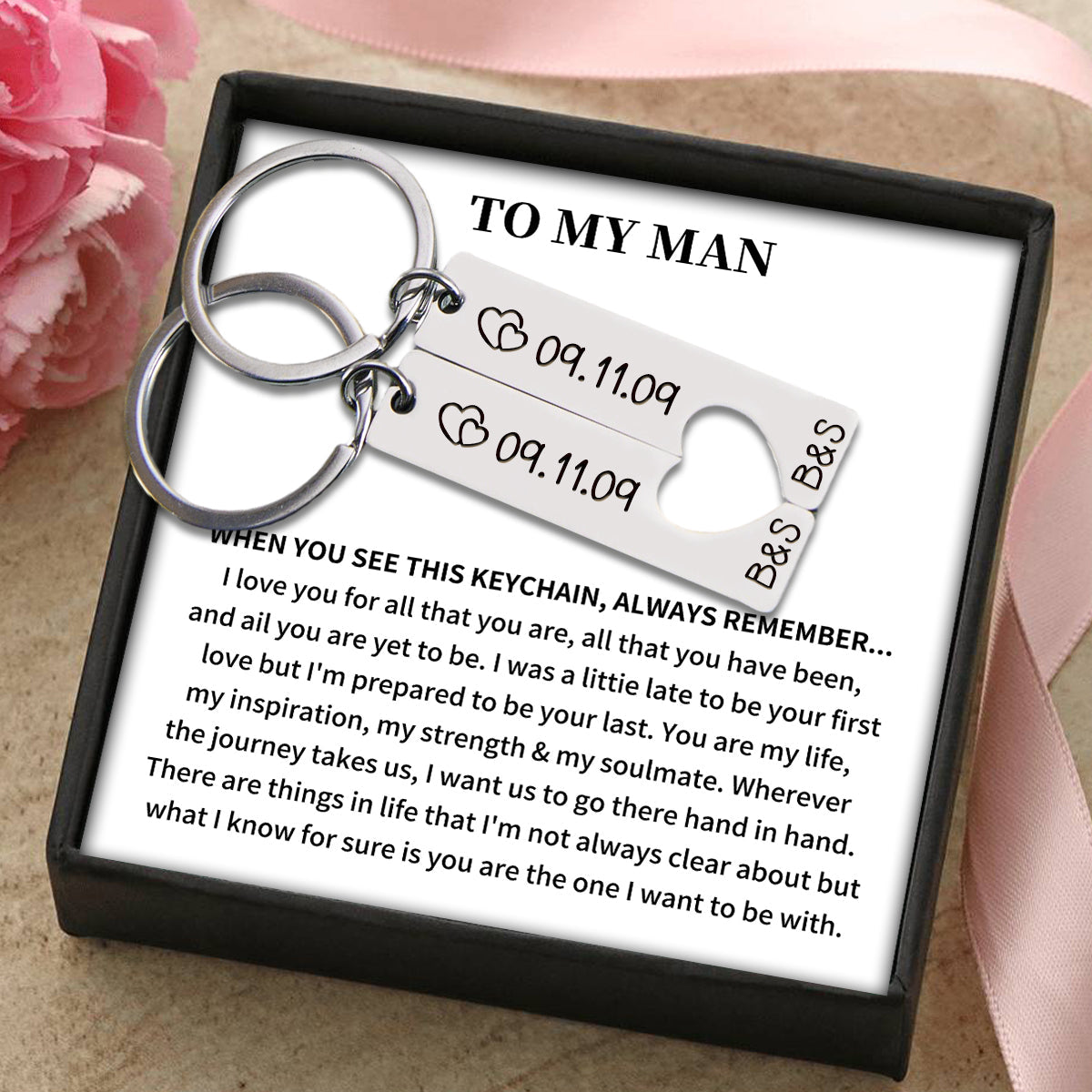 To My Man - Personalized Couple Heart Keychain with Date & Initials