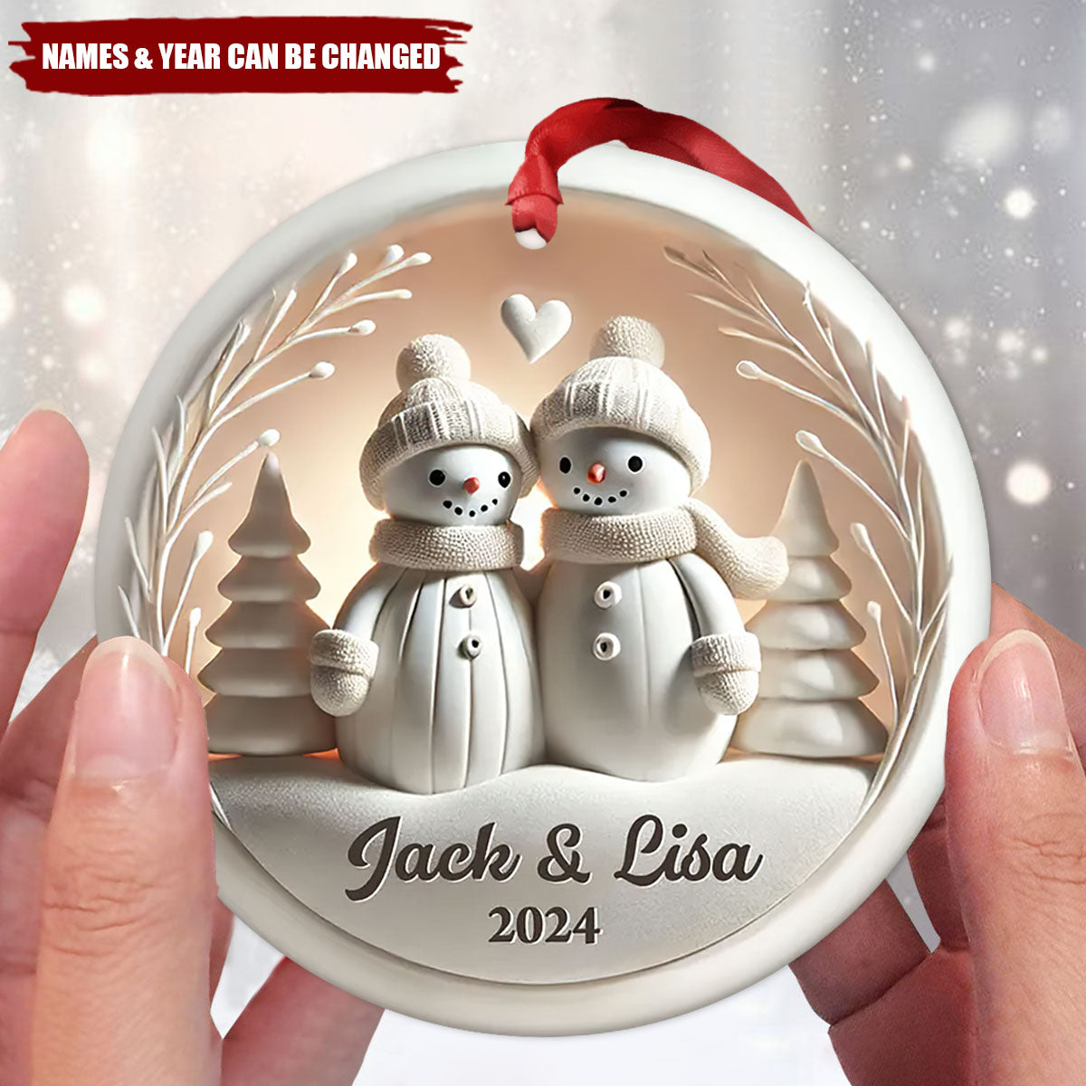 Personalized Snowman Couple White 3D Effect Ceramic Ornament