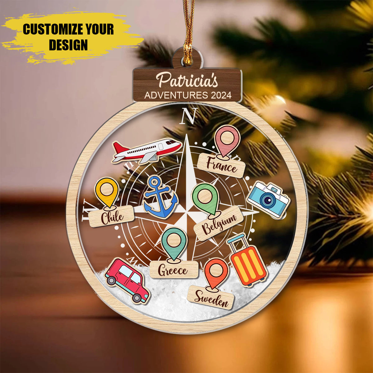 Personalized Compass Travel Adventures Ornament, Travel Christmas Ornament