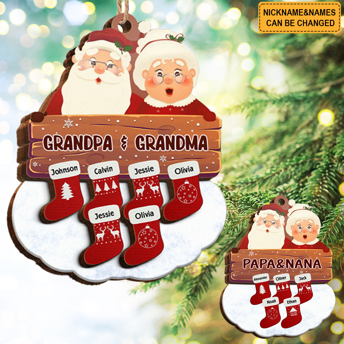 Gifts For Family Santa Grandpa & Grandma - Personalized Wooden Ornaments