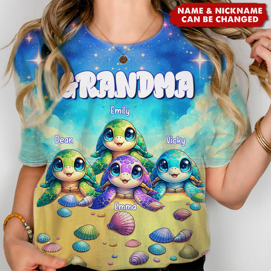 Gift for Grandmas Cute Little Turtle Grandkids Personalized 3D T-shirt