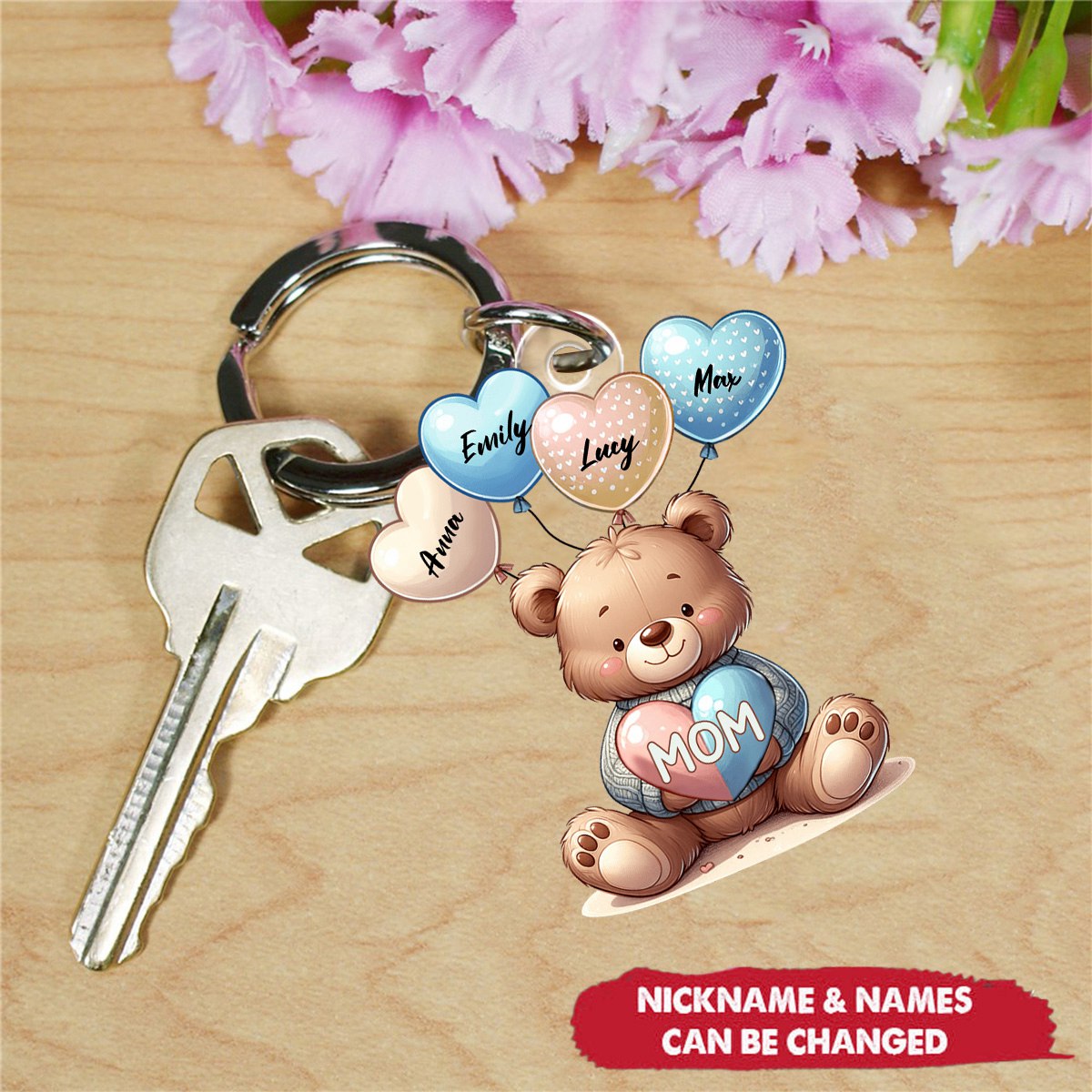 Cute Bear Grandma Mom Sweet Heart Balloon Kids Personalized Keychain