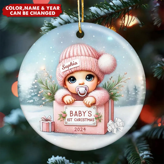 Watercolor Baby Inside Gift Box Personalized Ceramic Ornament