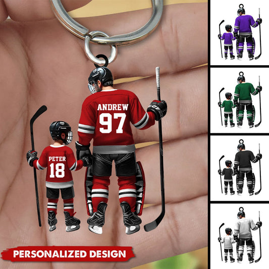 Custom Name And Number Dad And Son  Ice Hockey Personalized Keychain