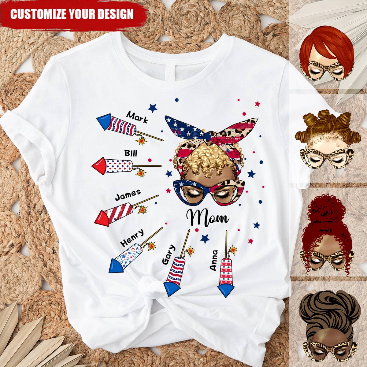 4th of July Messy Bun Grandma Mom Firework Kids Personalized Shirt