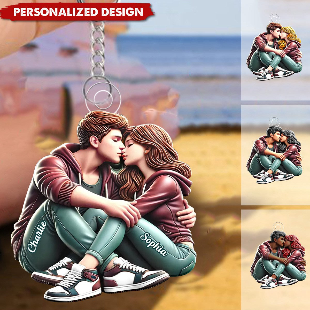 3D Effect Couple Sitting Kissing Personalized Acrylic Keychain