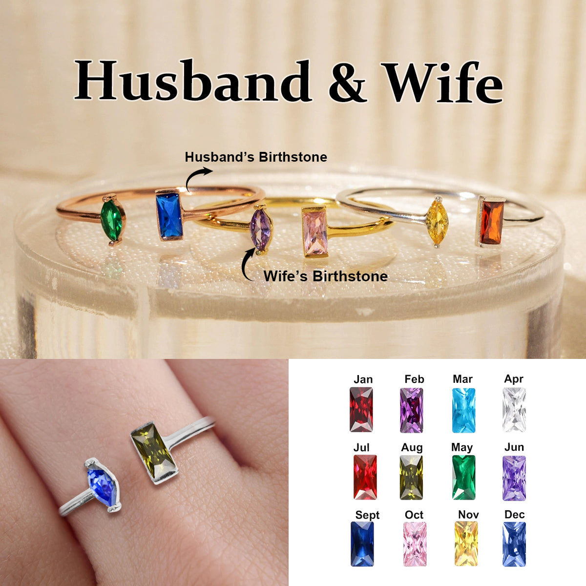 I Love You - Personalized Couple Double Birthstones Ring