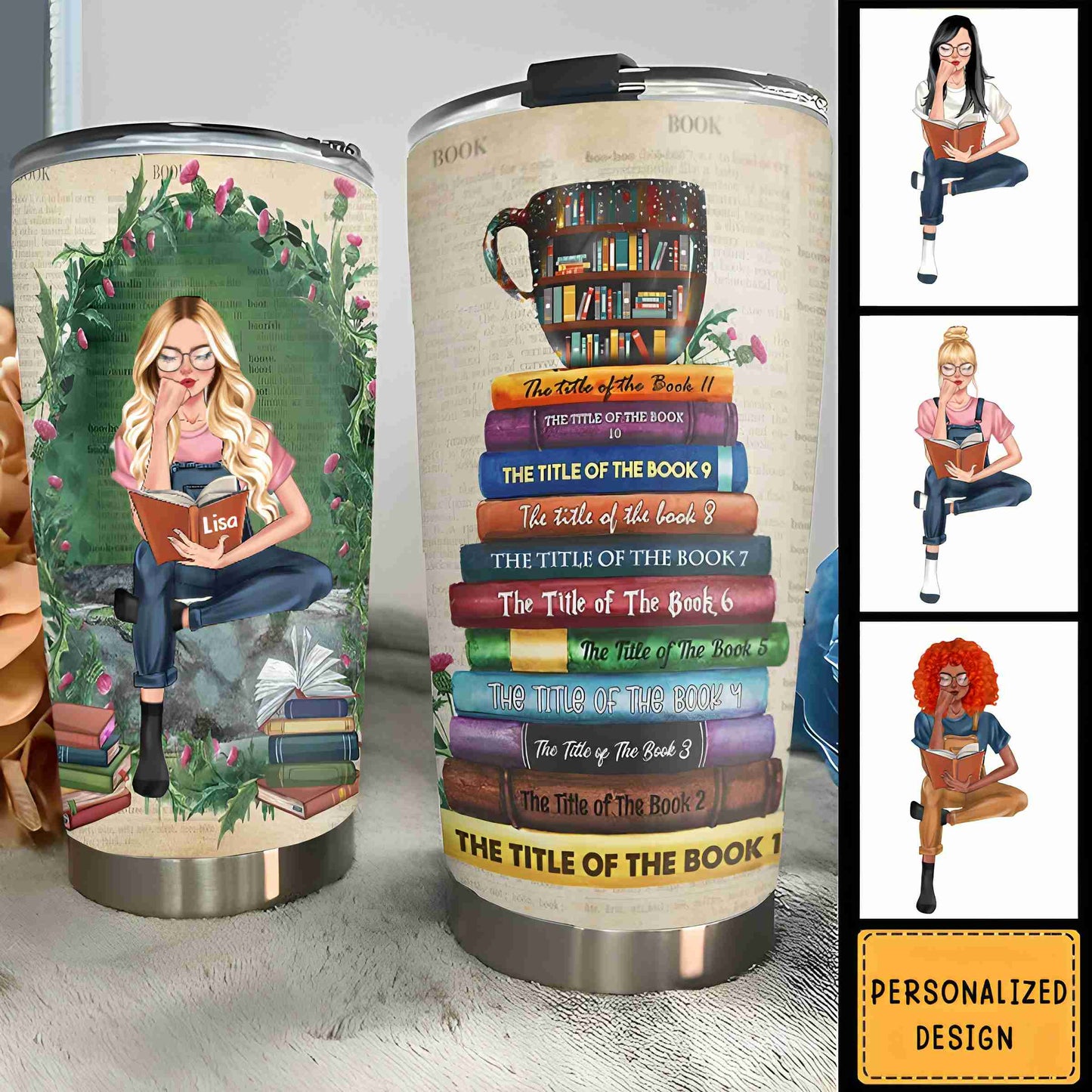 Custom Book Titles - Personalized Tumbler Cup - A Sitting Girl