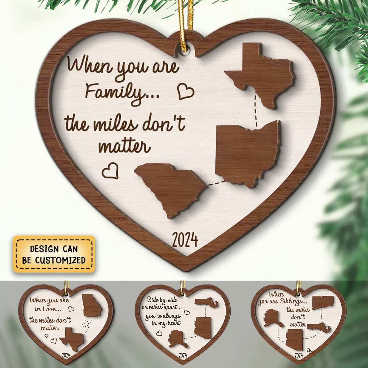 Miles Apart Long Distance Family Friendship State Map Personalized Wooden Ornament