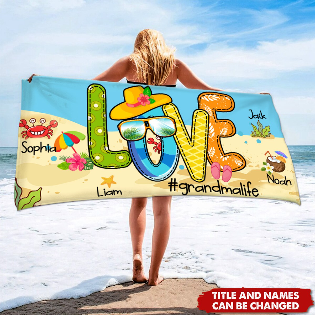 Personalized Grandma Beach Towel, Beach Love Gift for Grandma and Kids, Summer Beach Towel