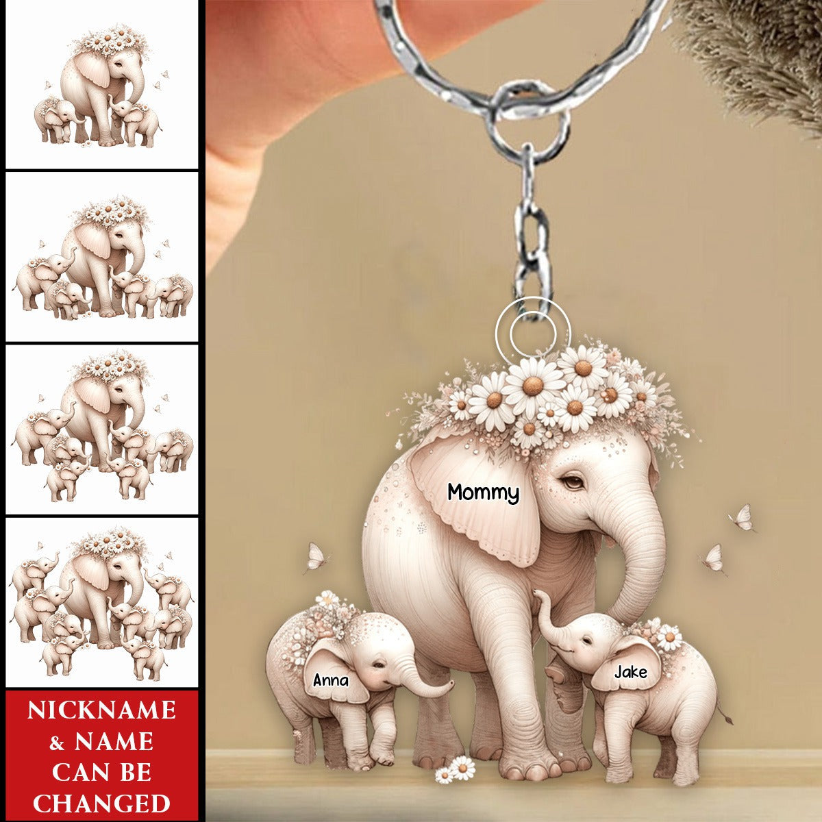 Mama Elephant With Little Kids Personalized Keychain