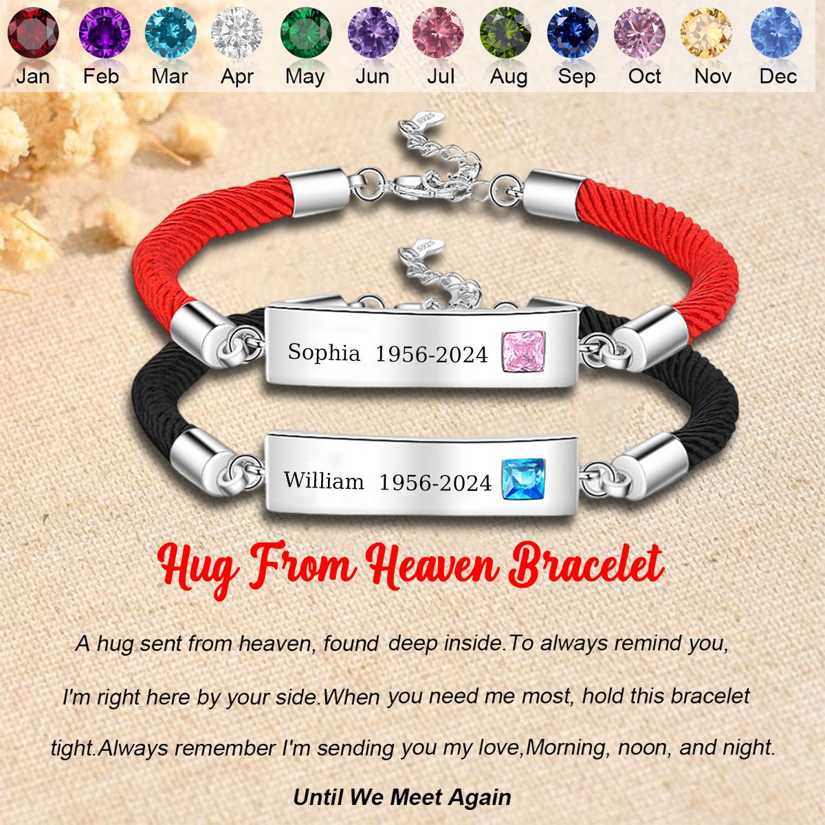 Personalized Memorial Name Birthstone Adjustable Bracelet