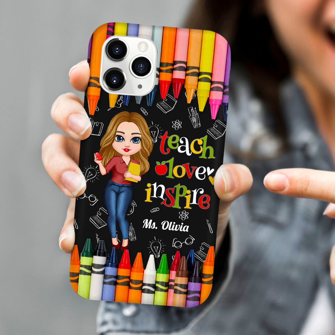 Colorful Crayon Teach Love Inspire Cute Pretty Doll Teacher Dark Background Personalized Phone case