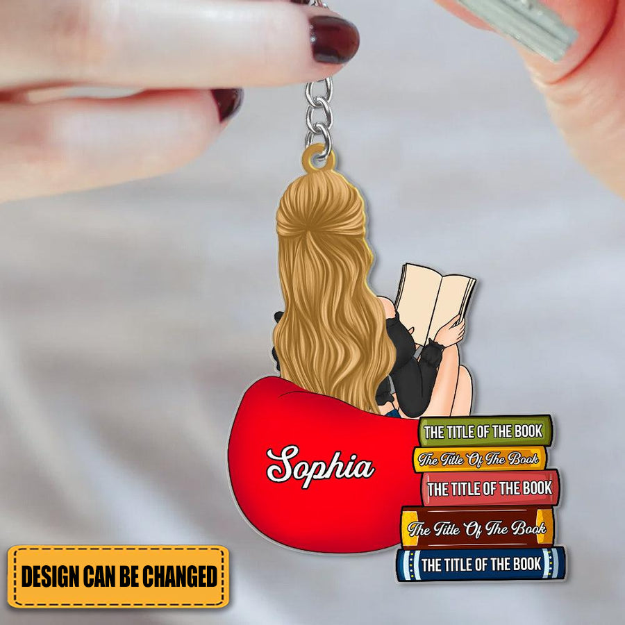 Personalized Girl Reading Custom Book Name Acrylic Keychain, Gift For Book Lovers