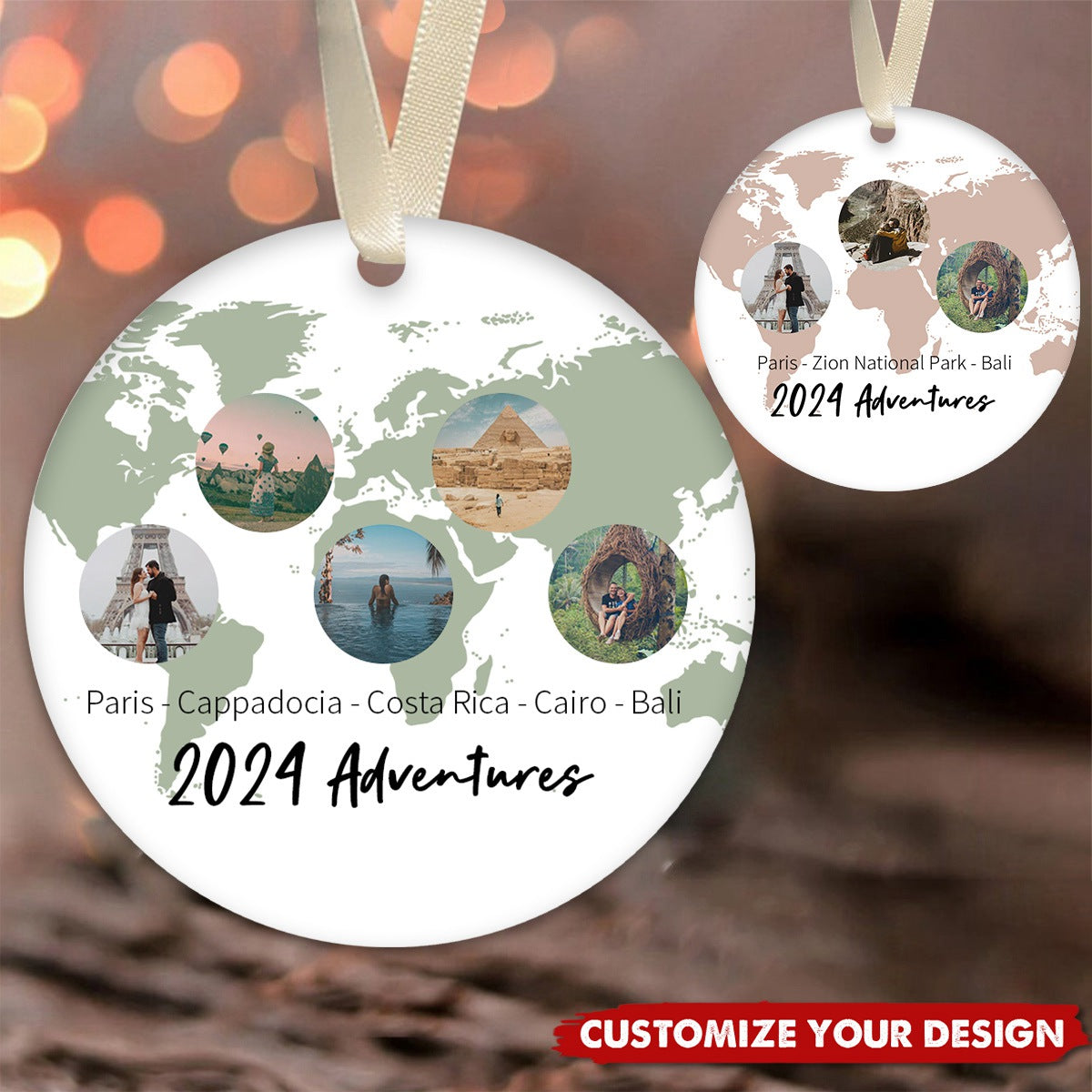 Personalized Travel Ornament with Custom Photos, Holiday Gift for Adventurers