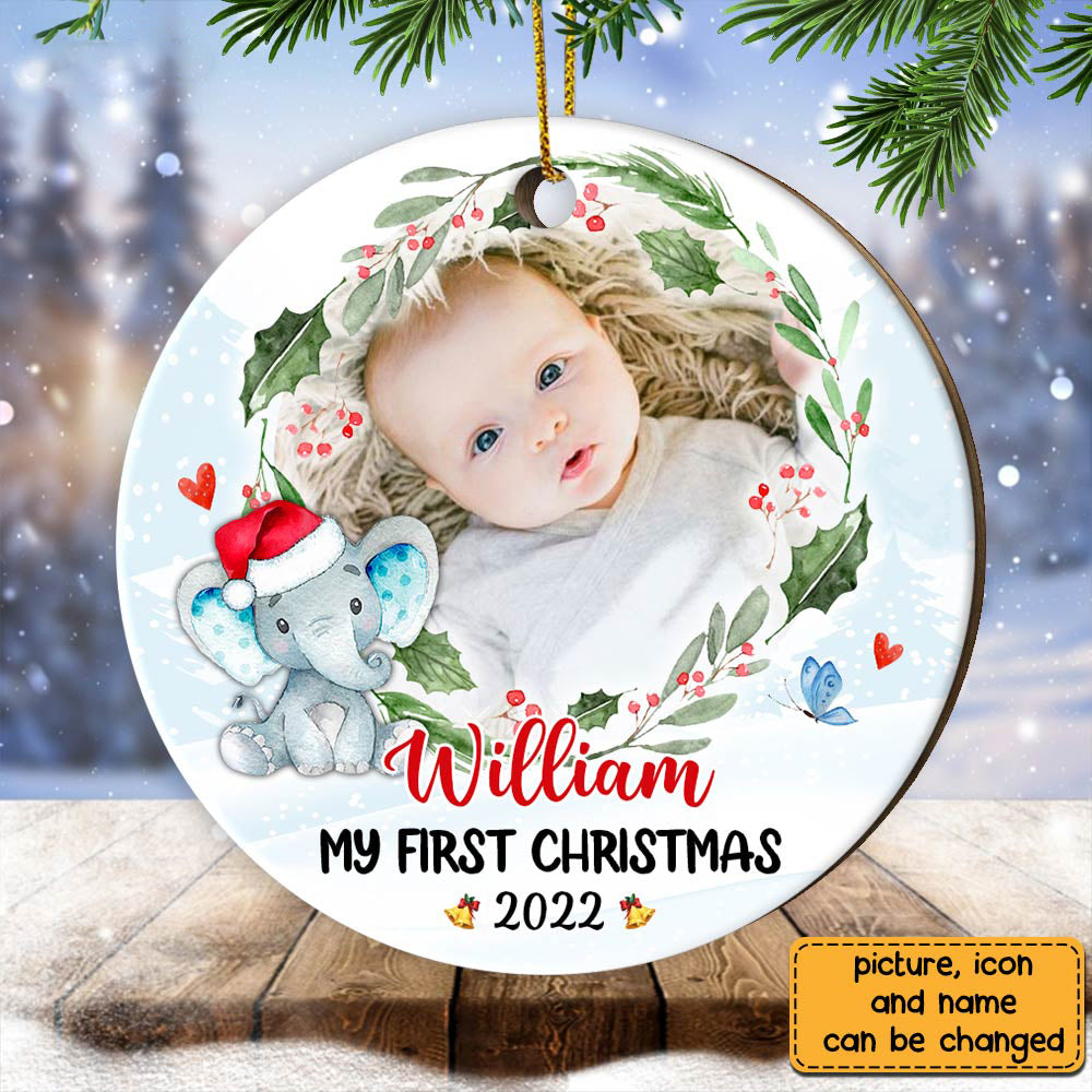 Baby First Christmas Elephant - Personalized Photo Ceramic Ornament