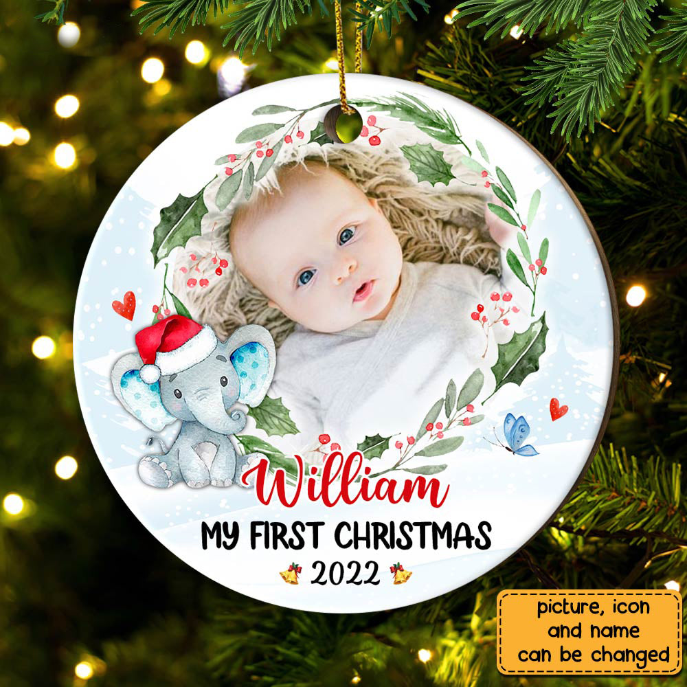 Baby First Christmas Elephant - Personalized Photo Ceramic Ornament