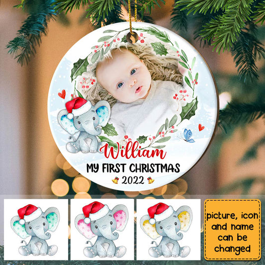 Baby First Christmas Elephant - Personalized Photo Ceramic Ornament