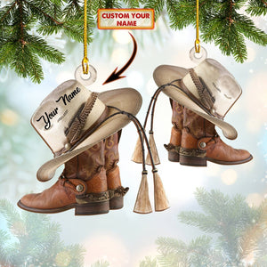 Cowboy Boots And Hat, Cowboy Christmas - Personalized Christmas Acrylic Ornament