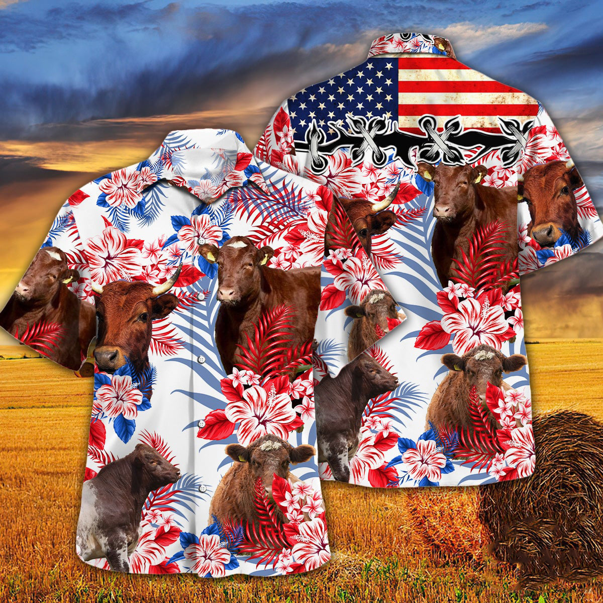 Shorthorn Cattle American Flag Hawaiian Shirt