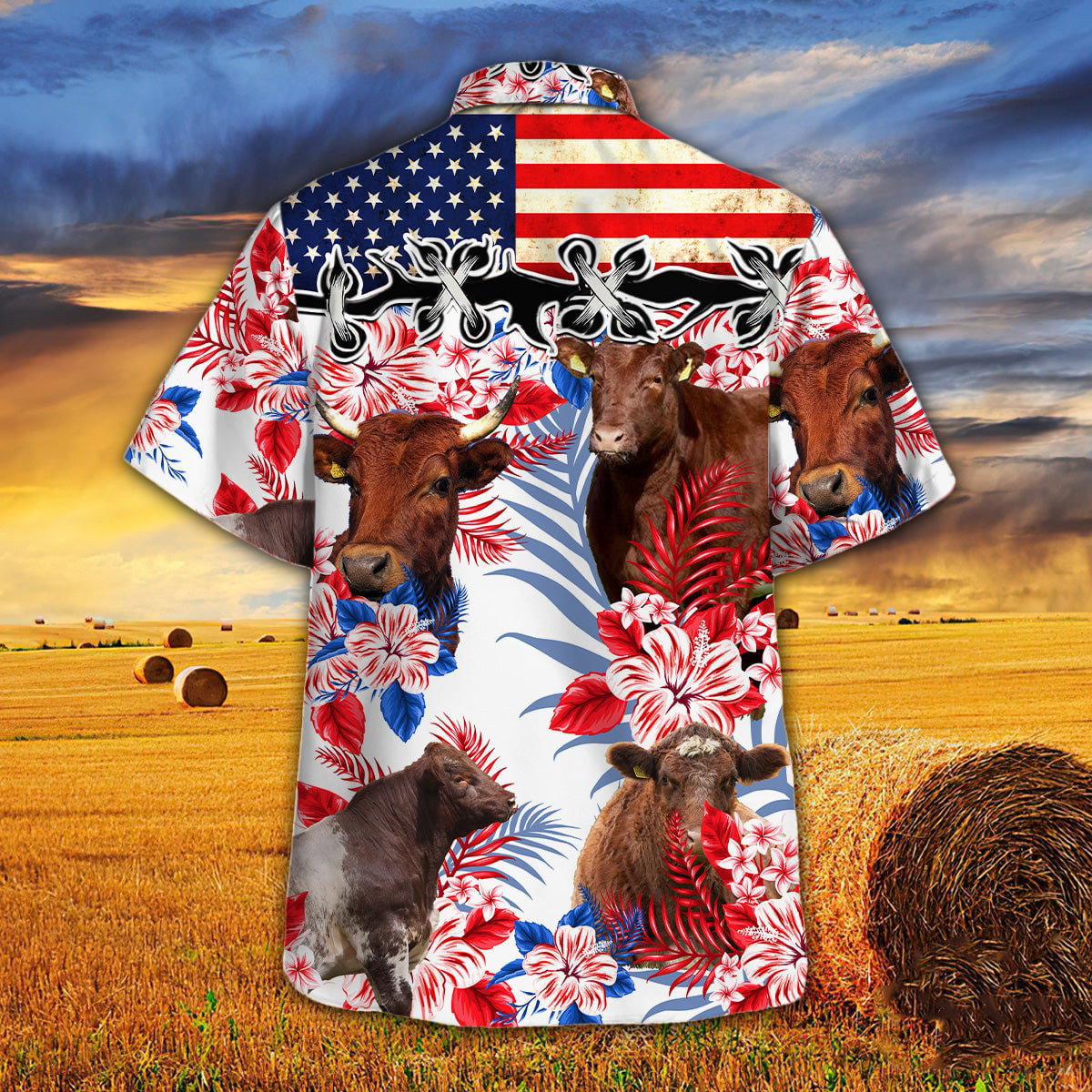 Shorthorn Cattle American Flag Hawaiian Shirt