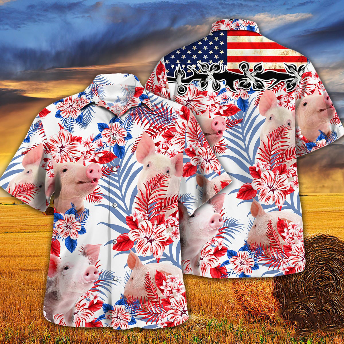 Pig In American Flag Patterns Hawaiian Shirt