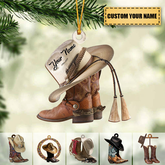 Cowboy Boots And Hat, Cowboy Christmas - Personalized Christmas Acrylic Ornament