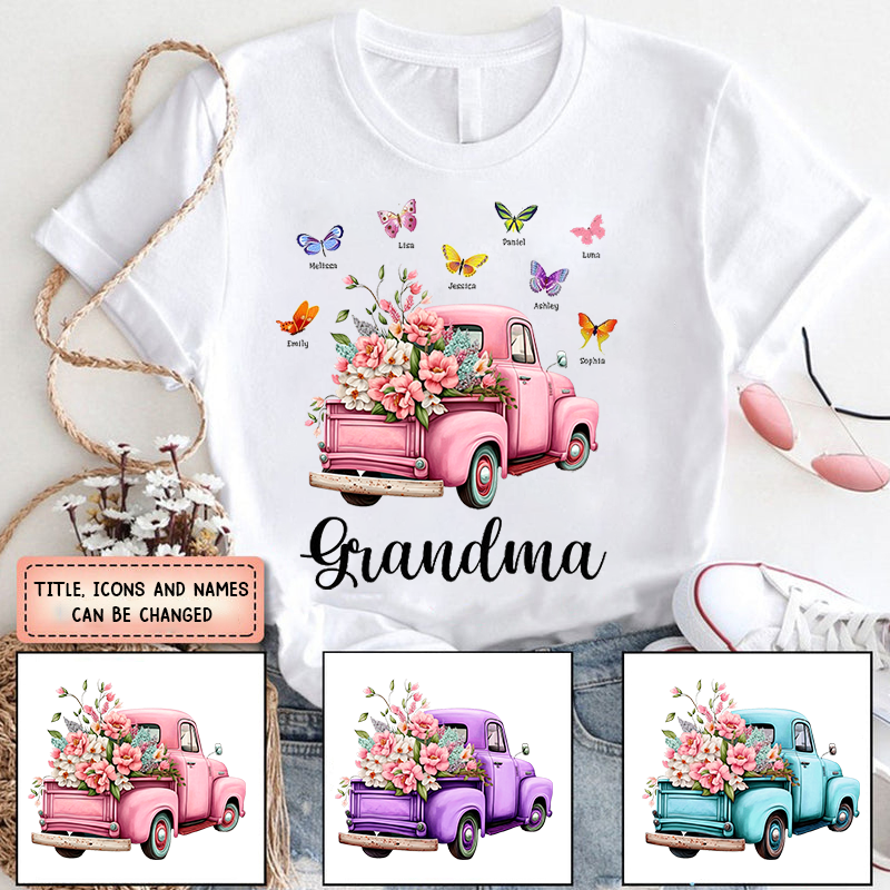 Gift For Grandma Pink Floral Truck Butterflies T-shirt