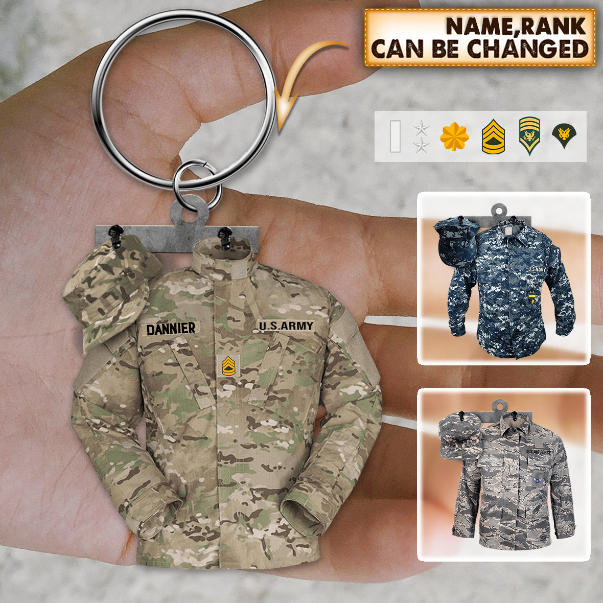 Personalized Military Name And Rank Uniform Keychain