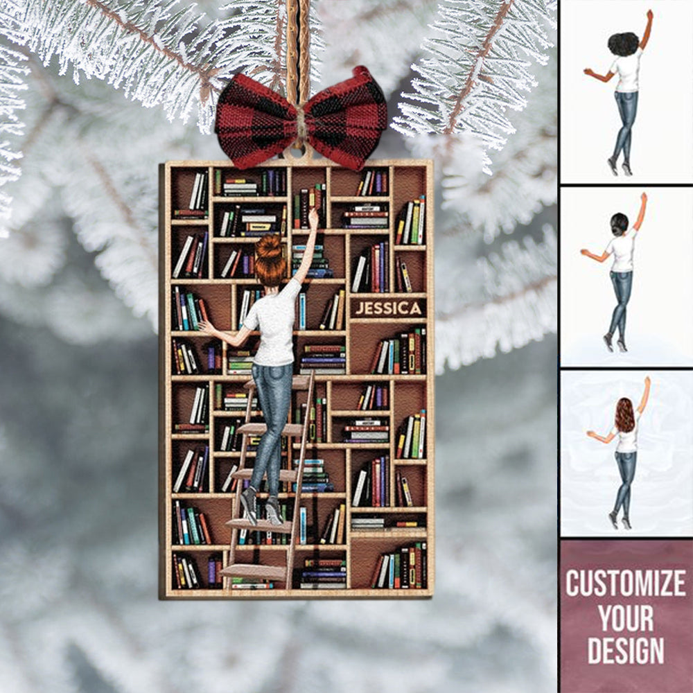 Bookcase Ornament - Personalized Wooden Ornament With Bow