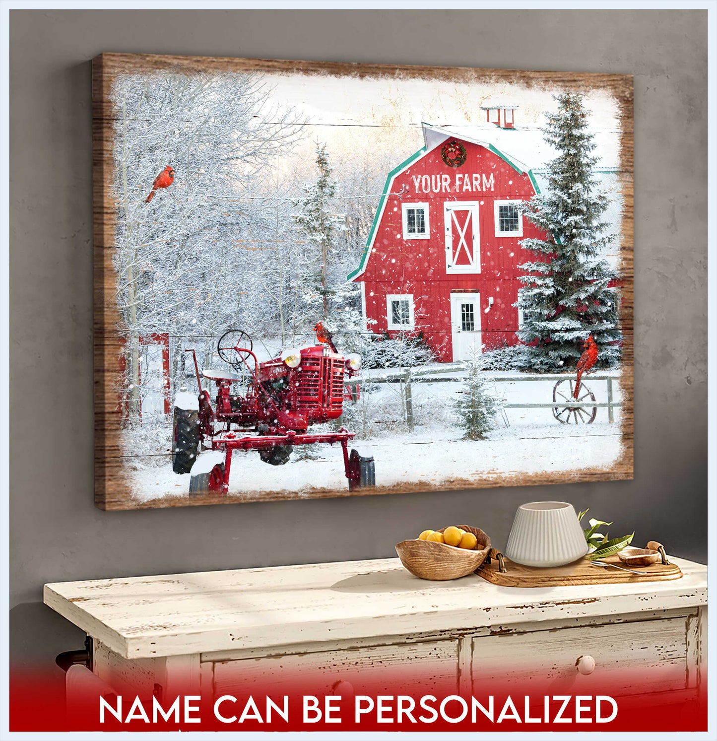 Rustic Christmas Wall Art Old Tractor And Red Barn With Cardinal In Snow Wrapped And Framed Custom Poster