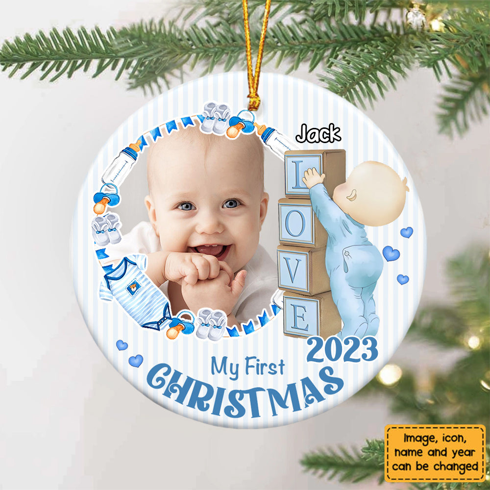 Newborn Gift Baby First Photo Circle Personalized Ceramic Ornament