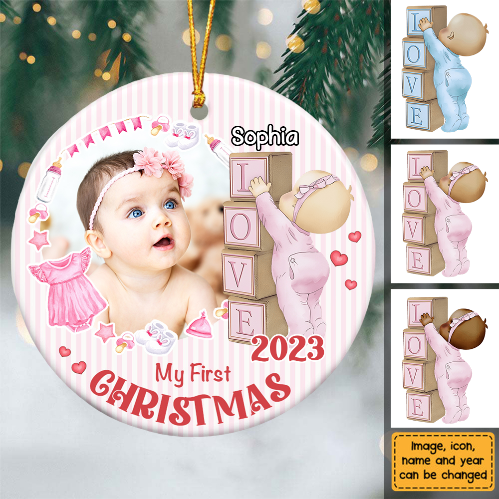 Newborn Gift Baby First Photo Circle Personalized Ceramic Ornament