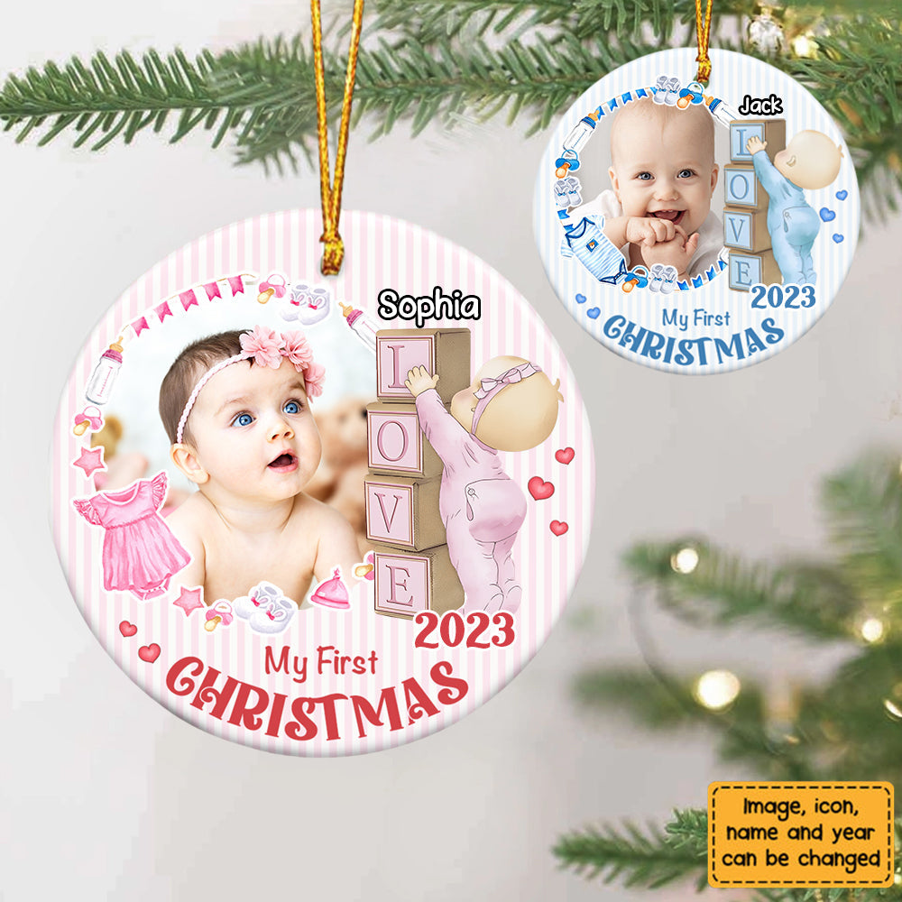 Newborn Gift Baby First Photo Circle Personalized Ceramic Ornament