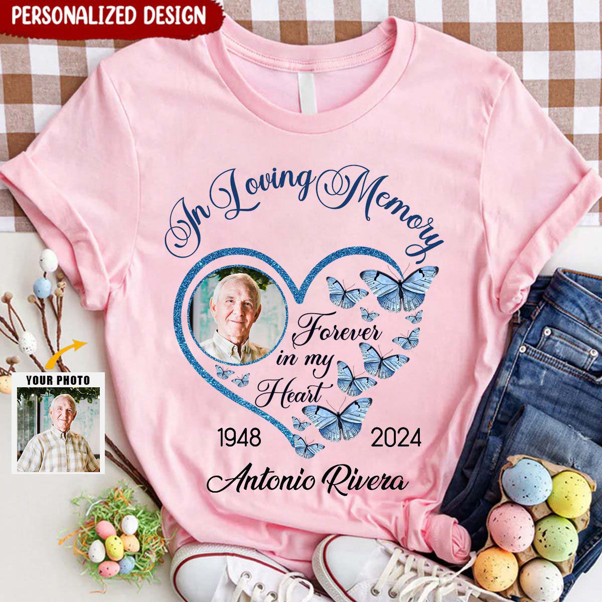 In Loving Memory Sparkling Heart Memorial Butterflies Personalized T-shirt